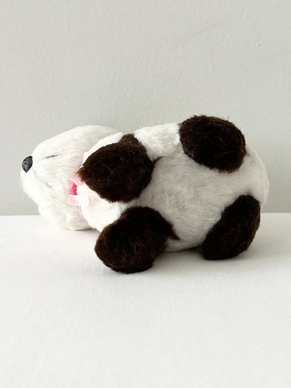 Vintage Panda Bear Plush Stuffed Animal Toy Brown Wht Fur Hard Body Pink Ribbon